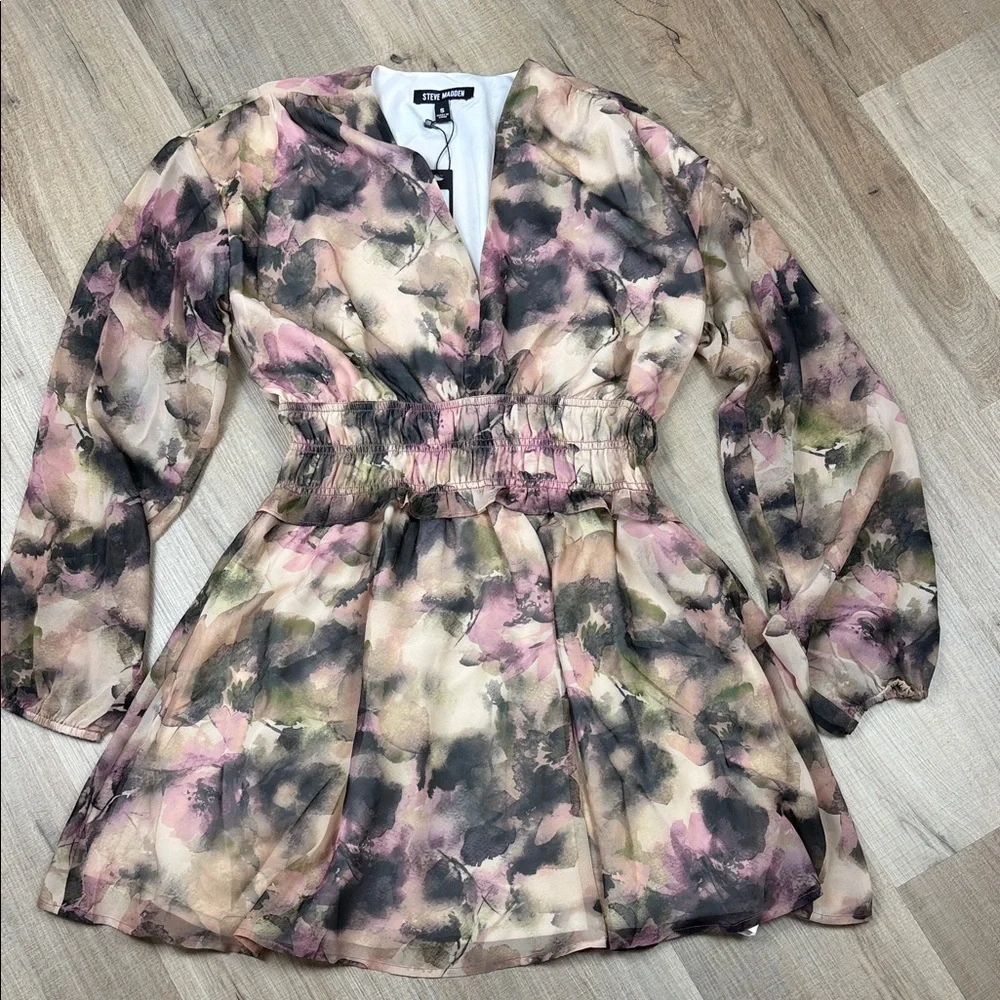 Steve Madden Fiora Long Sleeve Mini‎ Dress Pink/Brown- Autumn Mauve. NWT. Small